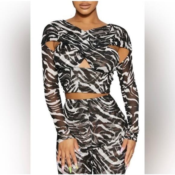NAKED WARDROBE Cross Front Zebra Print Mesh Top - Picture 1 of 4
